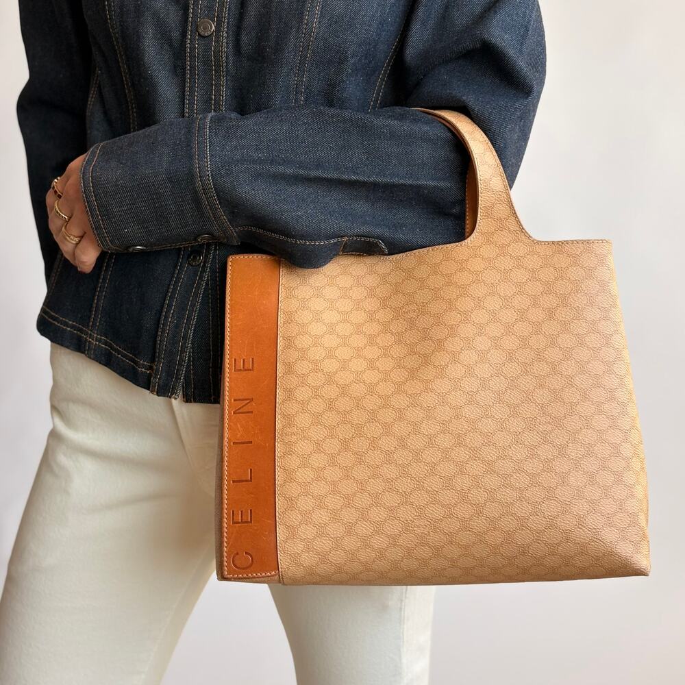 Vintage 90s Celine Triomphe Canvas Tote Bag - Tan Leather Trim